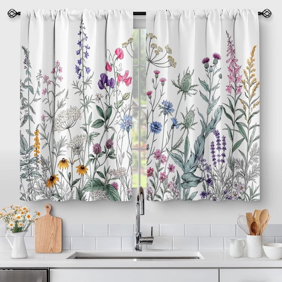 Colorful Wildflower Window Curtains Hand Drawn Botanical Floral Drapes for Kitchen Farmhouse Bedroom Living Room Home Decor