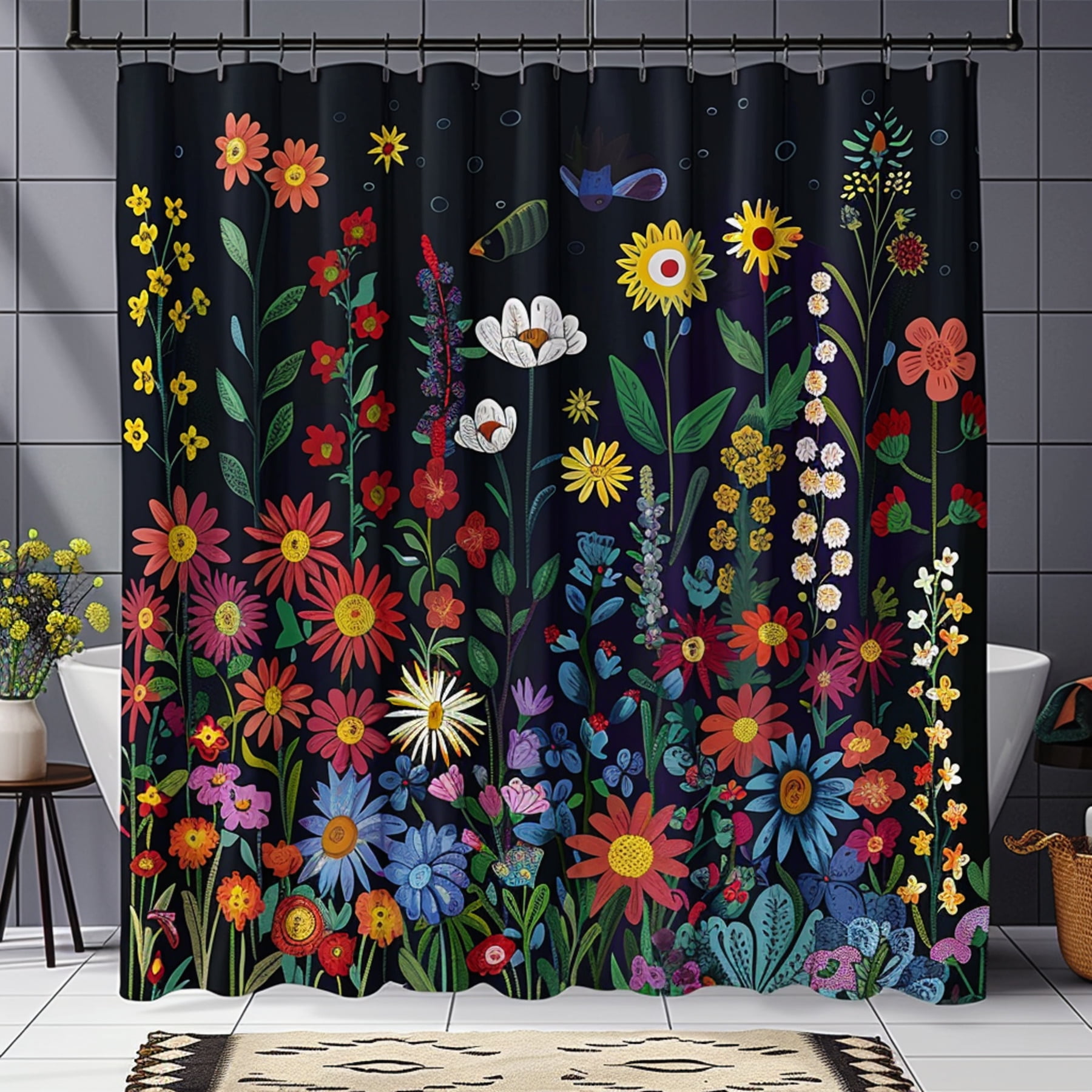 Colorful Wildflowers Folk Art Shower Curtain Hyper Realistic Dark