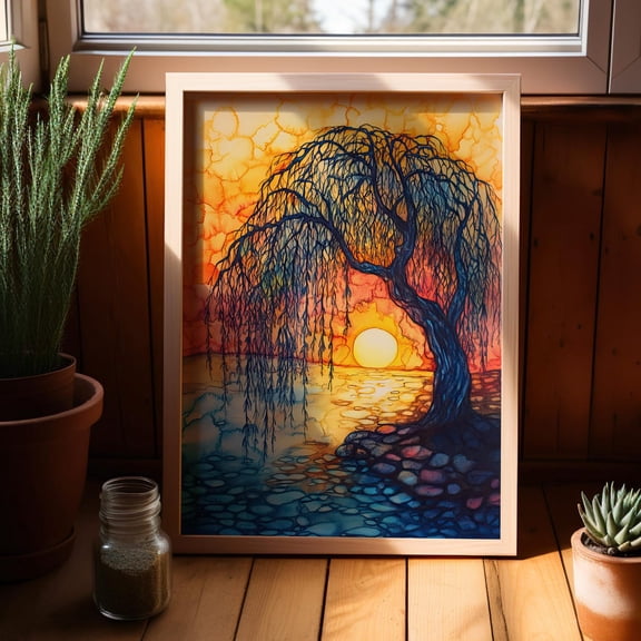 Colorful Willow Sunset Wall Art, Gradient Nature Decor, Unframed Canvas Size 24x36