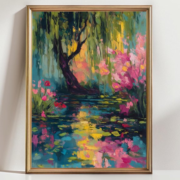 Colorful Willow Tree Wall Art Abstract Nature Landscape Vibrant Floral Reflection Print For Modern Home Decor