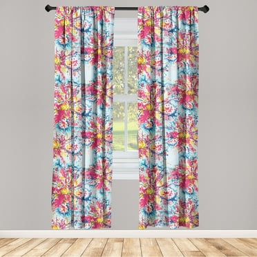 Colorful Window Curtains, Summer Fun Splashy Effect Colors of Flower Silhouettes Pattern Dots, Lightweight Decor 2-Panel Set with Rod Pocket, Pair of - 28"x63", Hot Pink Blue and Mustard, by Ambesonne