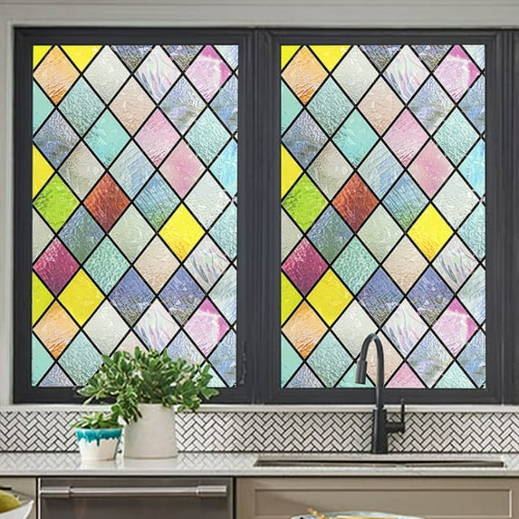 Colorful Window Privacy Film, Electrostatic Glass Window Sticker, Static Cling Window Film Non-Adhesive Wall Decals Decor Door Home House Ofiice 16*39.37Inch