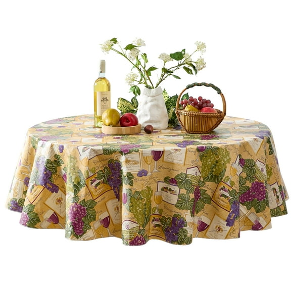 Colorful Wine Cellar and Grape Theme 70 inch Round Flannel Backed Vinyl Dining Tablecloth