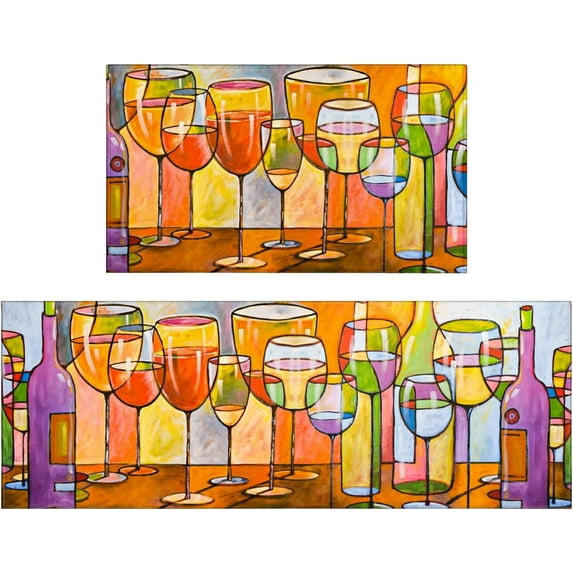 Colorful Wine Kitchen Rugs and Mats Set 2 Pieces - 17x47+17x30 - Non Skid and Washable Anti Fatigue Mats for Kitchen Floor - Cushioned Runner Rugs Kitchen Mats for Standing