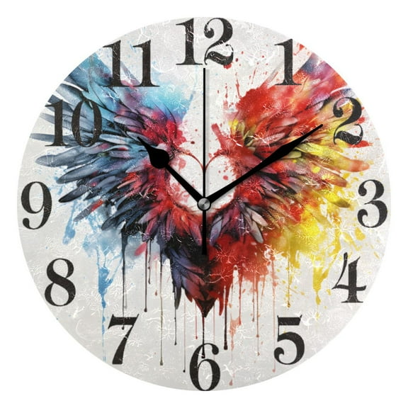 Colorful Wings Heart Wall Clock 9.8 inch Battery Operated Clocks Non-Ticking Silent for Bedroom Office Kitchen Living Room