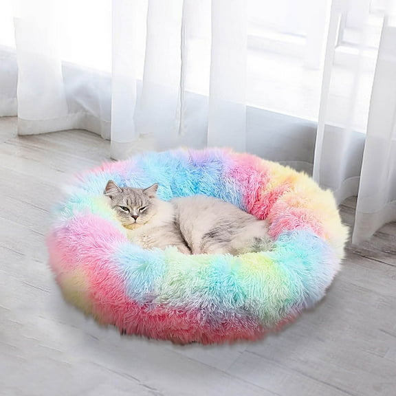 Colorful Winter Soft Plush Round Pet Bed for Cats or Small Dogs,15.7 Inch Medium Sized Dog Cat Bed Self Warming Autumn Winter Indoor Snooze Sleeping Cozy Kitty Teddy Kennel