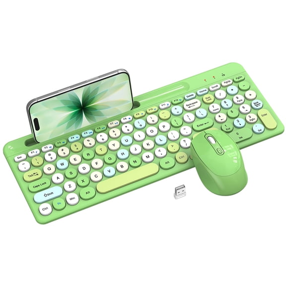Colorful Wireless And Mouse Combo - Round Keycaps  2.4ghz Retro Typewriter With Number Pad Cute Compact Usb For Computer Pc Desktop Laptop (green)