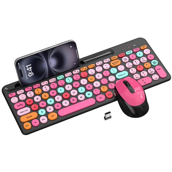 Colorful Wireless And Mouse Combo - Round Keycaps 2.4ghz Retro Typewriter With Number Pad Cute Compact Usb For Computer Pc Desktop Laptop (pink & Black Colorful)