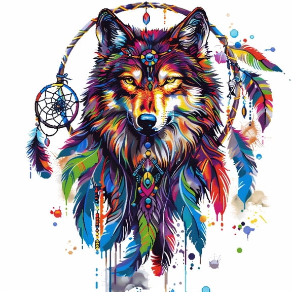 Colorful Wolf with Dream Catch Feathers DIY 11CT Stamped Cross Stitch Kits for Beginners Easy Needlepoint Embroidery Counted Cross Stitch Art Craft for Wall Decoration 14x14inch(3)
