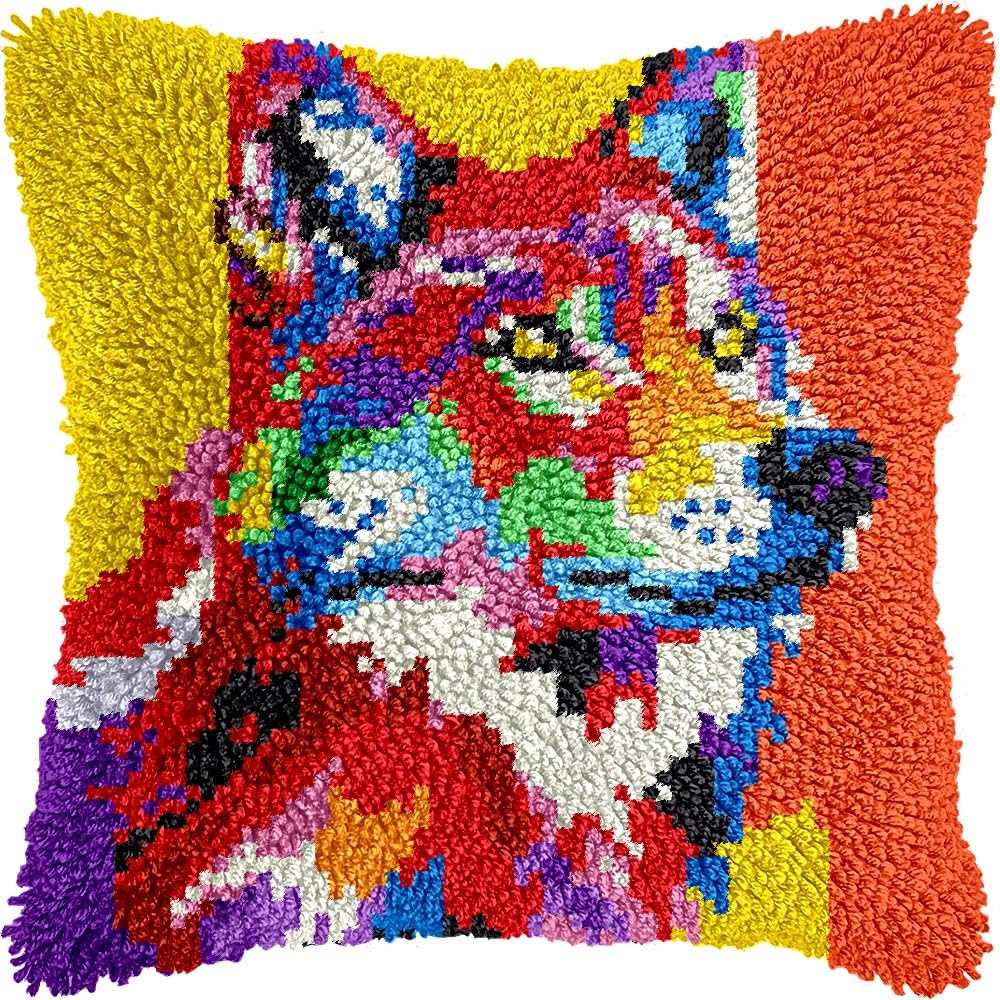 Colorful Wolf Latch Hook Kits Pillow kits Cushion Throw Pillow Embroidery Craft Kits DIY Kits of DIY Hooking Pillowcase Cover Supplier with Color Printed Canvas 43x43cm (207)