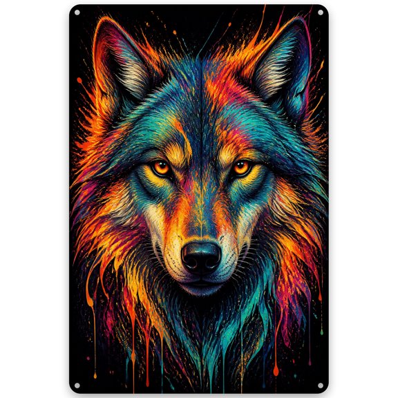 Colorful Wolf Metal Wall Art Sign, 8x12 Inch, Rustic Indoor/Outdoor Home Decor with Vibrant Design, Easy Hanging, Vintage Style Metal Sign, Pre-Drilled Holes for Effortless Display