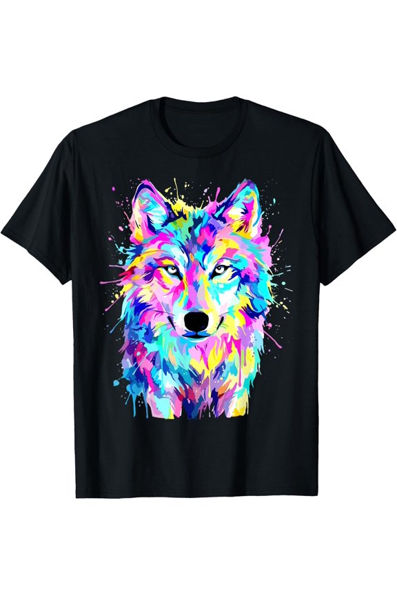 Colorful Wolf Splash Art Wildlife Animal T-Shirt- Classic Cat dad shirt Unisex 100% Cotton Crew Neck T-Shirt Breathable Casual Everyday Wear Affordable Graphic Soft Cheap t shirts