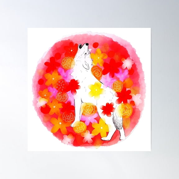 Colorful Wolf With Flowers Poster Wall Art, Modern Wall Decor For Living Room Bedroom, 24x36 UNFRAMED