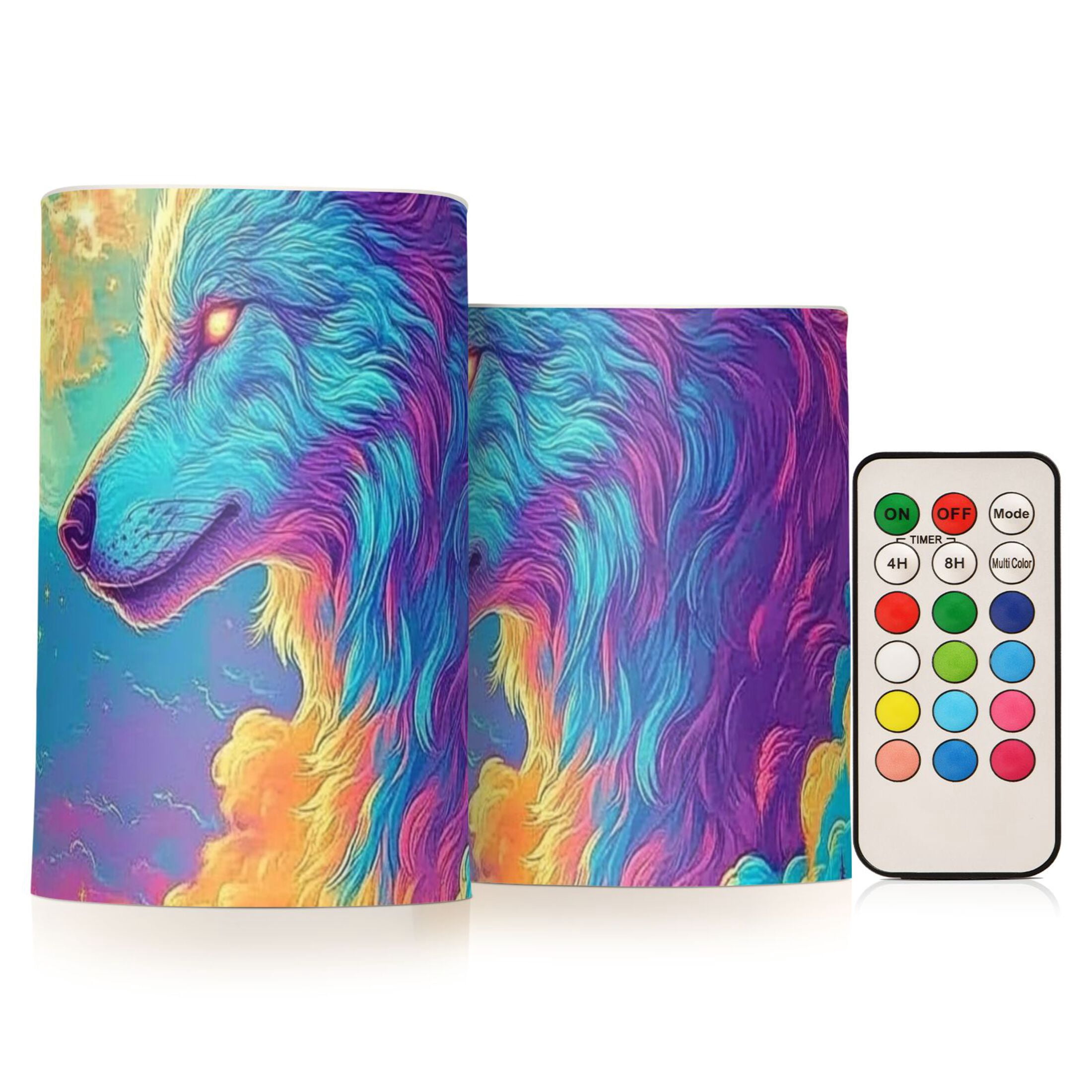 . Colorful Wolf in Clouds Flickering Flameless Candles Battery Operated with Remote Timer LED Pillar Candles Set of 2