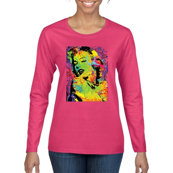 Colorful Woman Marilyn Monroe Pop Culture Womens Graphic Long Sleeve T-Shirt, Fuschia, 2XL