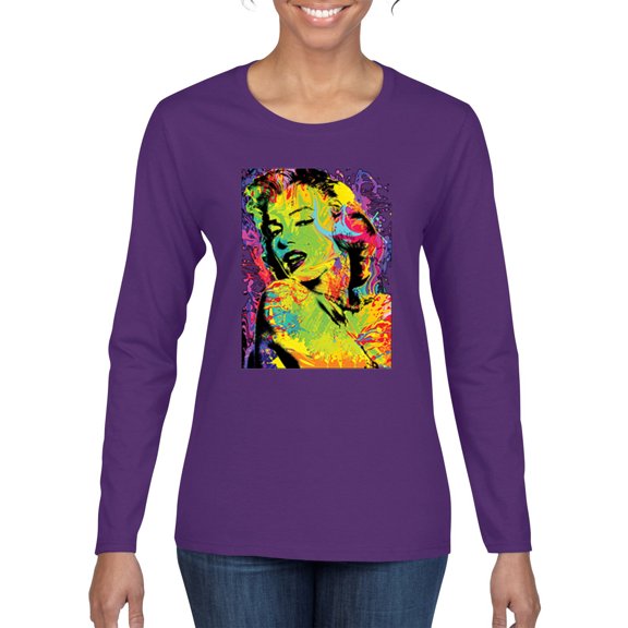 Colorful Woman Marilyn Monroe Pop Culture Womens Graphic Long Sleeve T-Shirt, Purple, 2XL