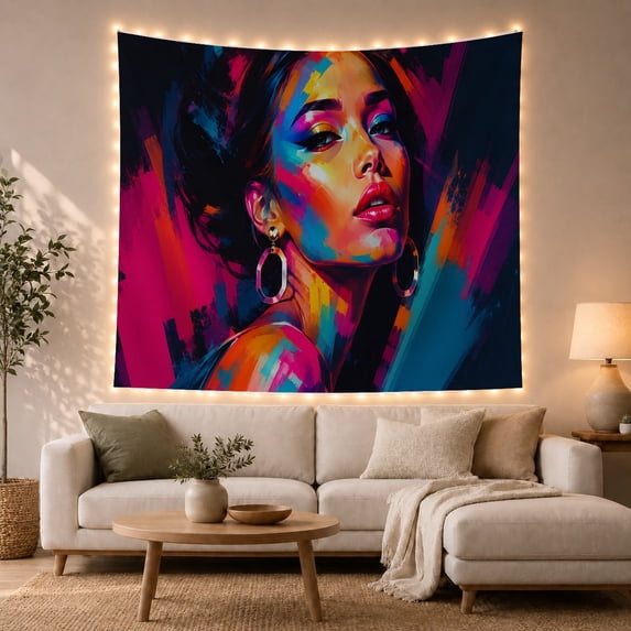 Colorful Woman Portrait on a Pop Art Background, Dramatic Retro Style for Art Lovers, Portrait Wall Art, Birthday Gift, Tapestry Wall Hanging for Bedroom and Dorm