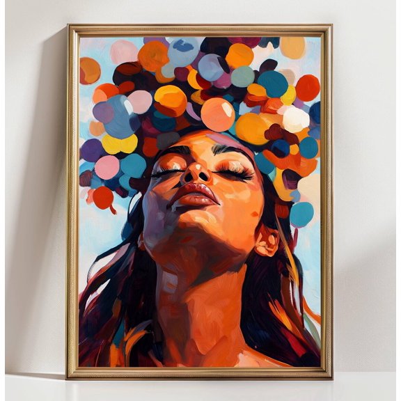 Colorful Woman Portrait Wall Art Abstract Brown Girl Face Modern Expression Art Print Contemporary Boho Decor