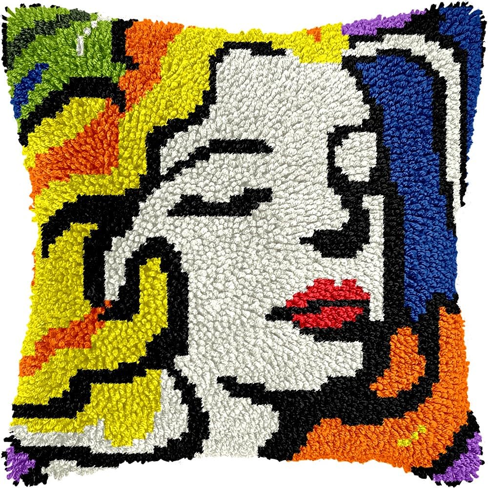 Colorful Woman Potrait Latch Hook Pillow Kits for DIY Throw Pillow Cushion Embroidery Latch Hooking Pillowcase Kits with Preprinted Canvas Crochet Yarn Kits for Home Decor 17''X 17''(d120)