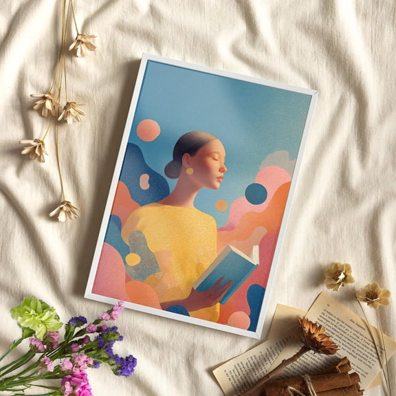 Colorful Woman Reading Wall Art, Modern Boho Book Lover Decor, Unframed Paper Print Size 8x12