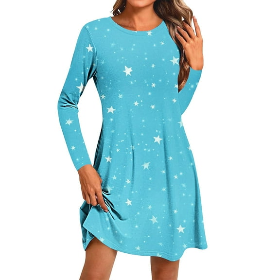 Colorful Women Crew Neck Spandex Casual Dresses for Women Long Sleeve Star Print Loose Fit Midi Knee Length Fall Summer 2025 Clothes Trendy Country Concert Y2K M