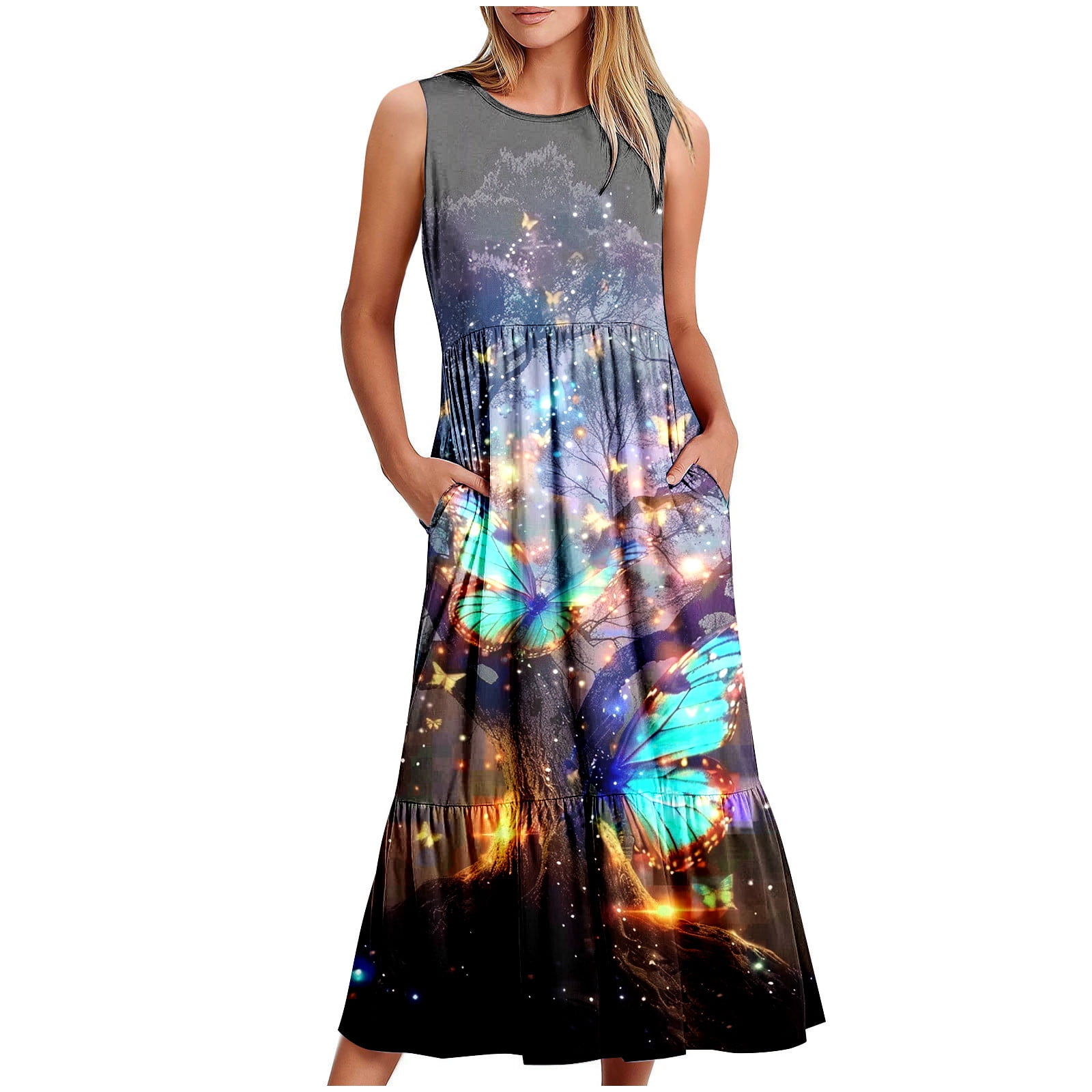 Indigo and Colorful Foliage Long Sleeveless Dress