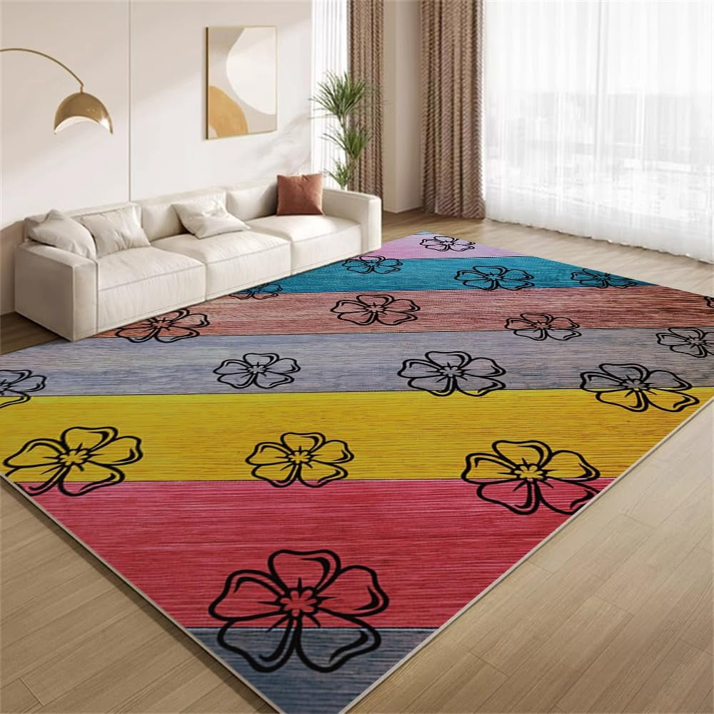 Study Rugs Colorful Wood Grain Rug 5x7ft Area Rugs Black Animal Footprints Rugs ...