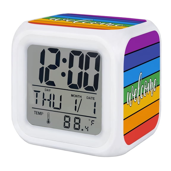Colorful Wood Plank Digital Alarm Clock for Bedrooms,Smart LED Alarm Clock with 7 Color Changing Night Light,Farmhouse Rainbow Stripes Abstract Silent Wake Up Clocks for Sleep Study Cooking 3.2"x3.2"