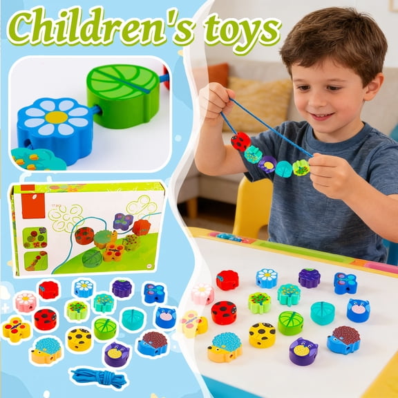 Colorful Wooden Bead Stringing Toy Set Animal Flower Themed Lacing Beads with String Early Development Montessori Toy for Toddlers Kids Fine Motor Skill Building Educational Gift