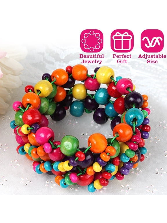 Colorful Wooden Beaded Stretch Bracelet, Multicolor Boho Chunky Bead Bracelet for Women and Girls