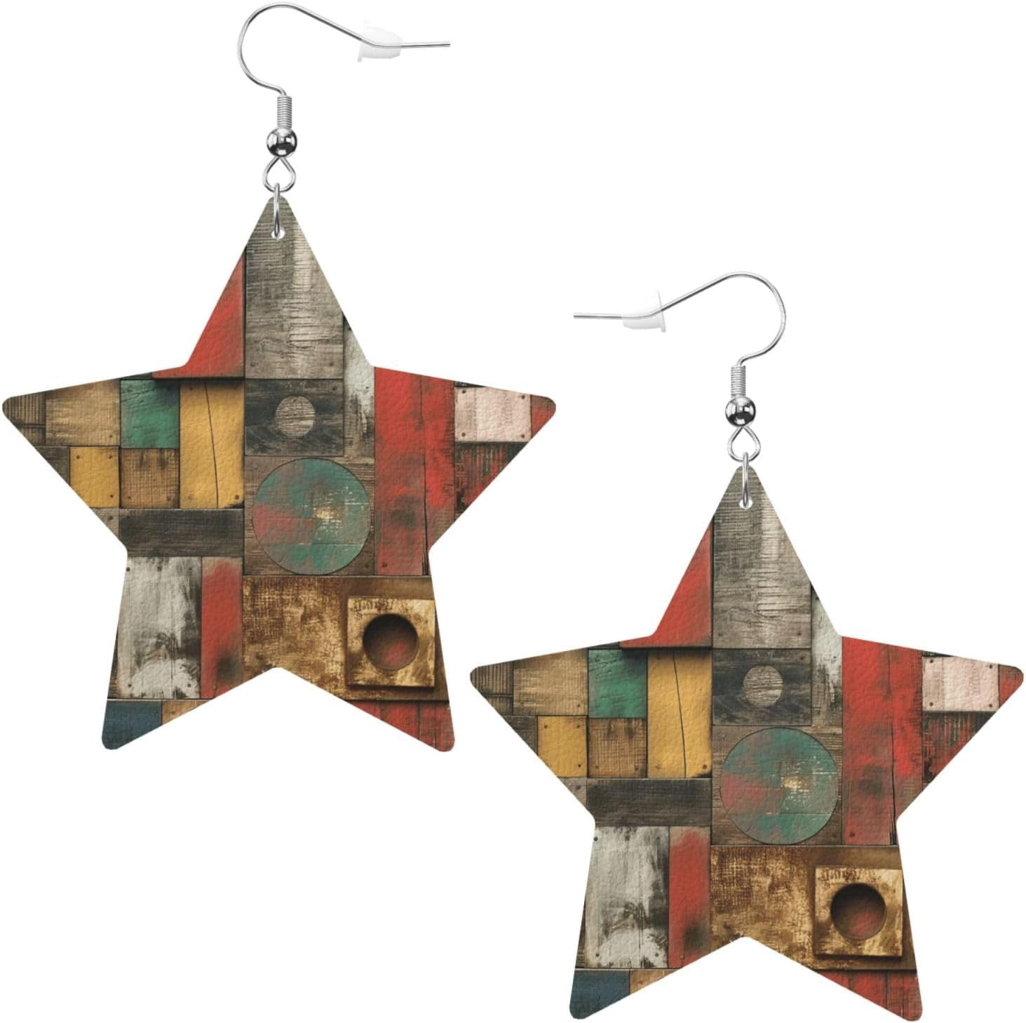 Colorful Wooden Best Blocks Earrings ideal for Women PU Leather Dangle Earrings, Lightweight Star Shape Leather Teardrop Dangly Ear Pendants Jewelry Gift[n335]