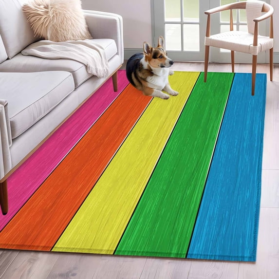 Colorful Wooden Grain Area Rugs 2.7'x5', Washable Small Throw Rugs for Kitchen Bedroom, Farmhouse Vintage Country Gradient Indoor Outdoor Rug Non-Slip Low Pile Carpet Runner Reversible Floor Mats