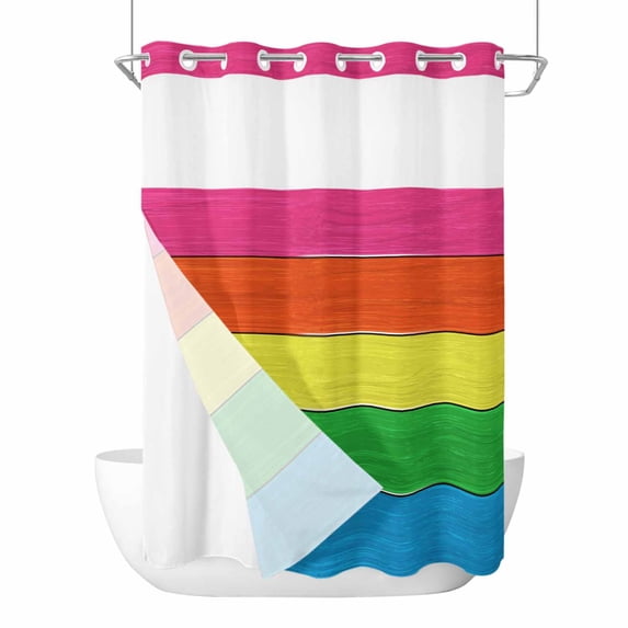 Colorful Wooden Grain No Hook Shower Curtain with Snap in Liner, Waterproof Fabric Shower Curtains, Farmhouse Vintage Country Gradient Shower Curtain Set Top See Through for Bathroom 60"x72"