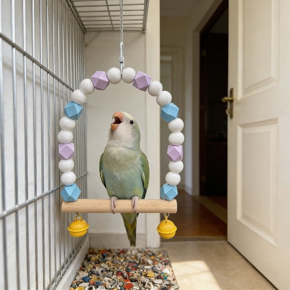 Colorful Wooden Parrot Claw Sharpening Swing Stand – Frosted Sandstone Perch with Beads, Durable Hanging Bird Exercise Pole for Cage Play and Activity, 21×13×3cm