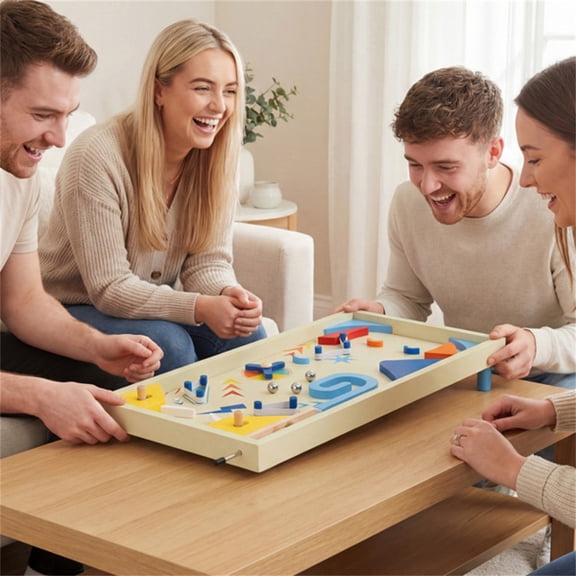 Colorful Wooden Pinball Machine, 3 Metal Marbles & Spring Plunger, Dual Flip Controls for Fun Gameplay