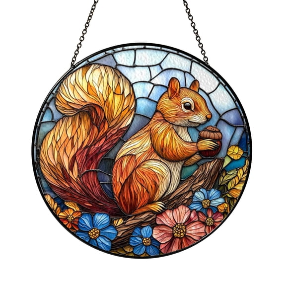 Colorful Woodland Squirrel Stained Glass Style Window Decor, Forest Flower Animal Hanging Decorative Glass Art Panel for Nature Inspired Room