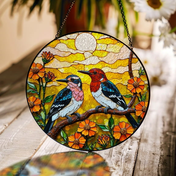 Colorful Woodpecker Stained Glass Style Suncatcher, Birds on Branch Window Hanging Decor Gift