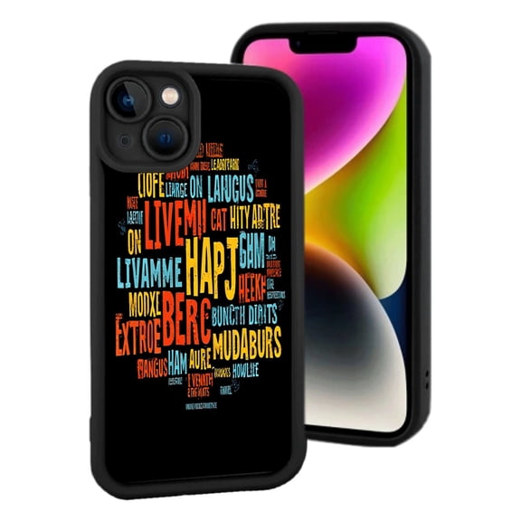 Colorful Word Cloud Design iPhone 15 Case - Lightweight Yellowing Resistant Circular Pattern with Vibrant Words on Black Background