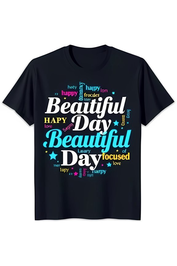 Colorful Word Cloud Graphic Black T-Shirt Beautiful Day & Uplifting Words