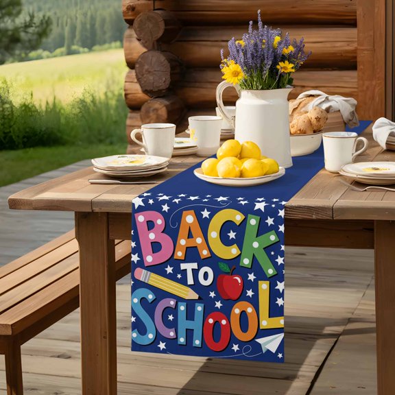 Colorful Word Pencil Stars Navy Blue Table Runner 13x36in Non-Slip Cotton Linen Table Runners, Back to School Season Dresser Scarves TableRunner for Dinner Kitchen Dining Wedding Party