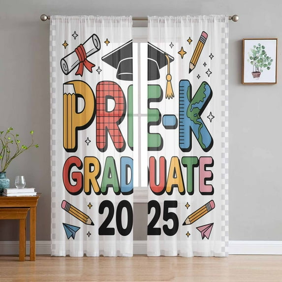 Colorful Words Graduation Sheer Curtains 72 Inches Long 2 Panels Set, Window Sheer Curtains for Living Room/Bedroom, 2025 Funny Cartoon Words Light Filtering Rod Pocket Curtain 52'' x 72'' x 2