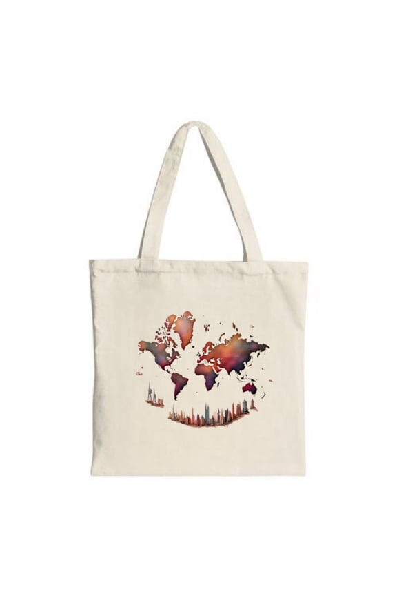 Colorful World Map Canvas Tote Bag with Vibrant Purple Orange and Red Continents & Skyline - Perfect for Shopping Travel and Parties
