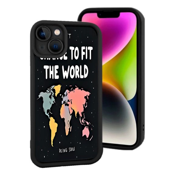 Colorful World Map Design iPhone 15 Case - Lightweight Yellowing Resistant Black Background Inspirational Quote Perfect Fit