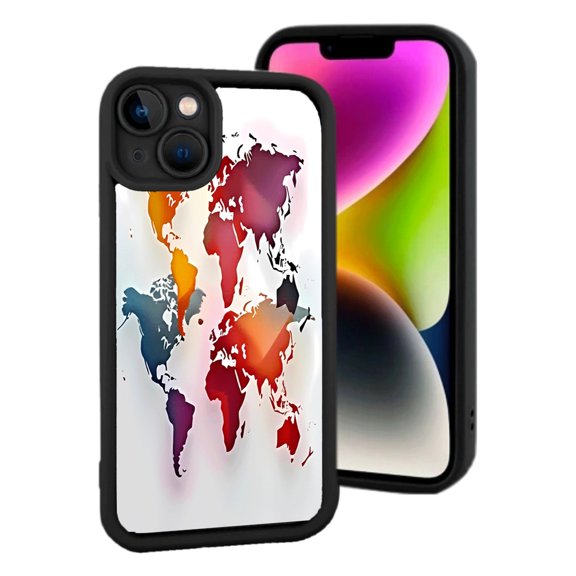 Colorful World Map Design iPhone 15 Case - Yellowing Resistant Lightweight Vibrant Shades of Red Orange Purple & Blue