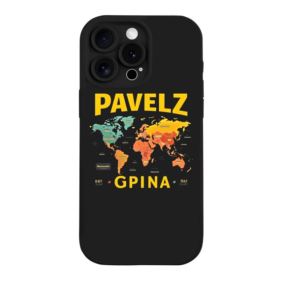 Colorful World Map Design iPhone 15 Pro Case - Lightweight Yellowing Resistant Bold ' PAVELZ ' & ' GPINA ' Text Black Background Perfect Fit for iPhone 15 Pro
