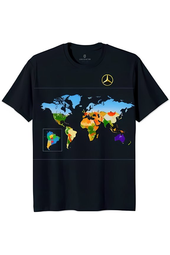 Colorful World Map Graphic Black T-Shirt with Three Pointed Star