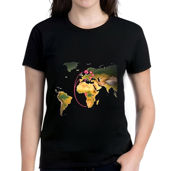 Colorful World Map Print Cotton Short Sleeve T-Shirt for Women - Global Design Vibrant Red Dots & Curved Lines Stylish Travel Tee