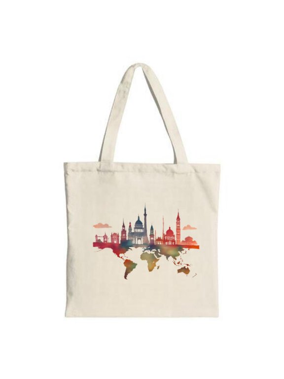 Colorful World Map Tote Bag - Iconic Landmarks Design Vibrant Skyline in Red Blue & Green Perfect for Shopping & Travel