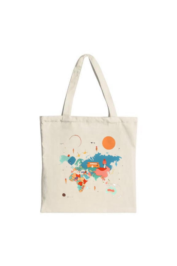 Colorful World Map Tote Bag - Vibrant continents & landmarks perfect for travel shopping and parties Durable natural fabric