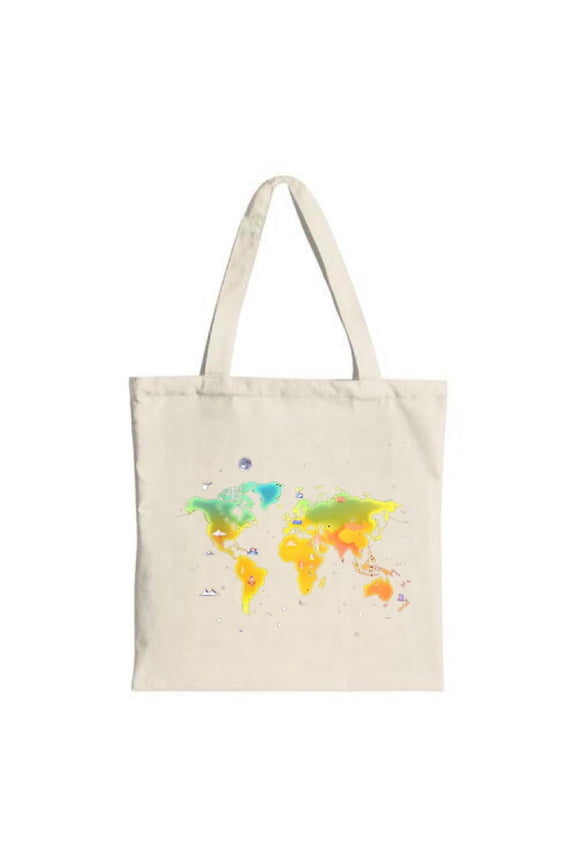 Colorful World Map Tote Bag - Vibrant regions celestial illustrations perfect for travel shopping and parties Durable canvas design